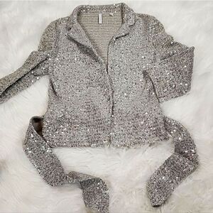 Festive Champagne Shimmery Sequined Cocktail Party Jacket with Belt